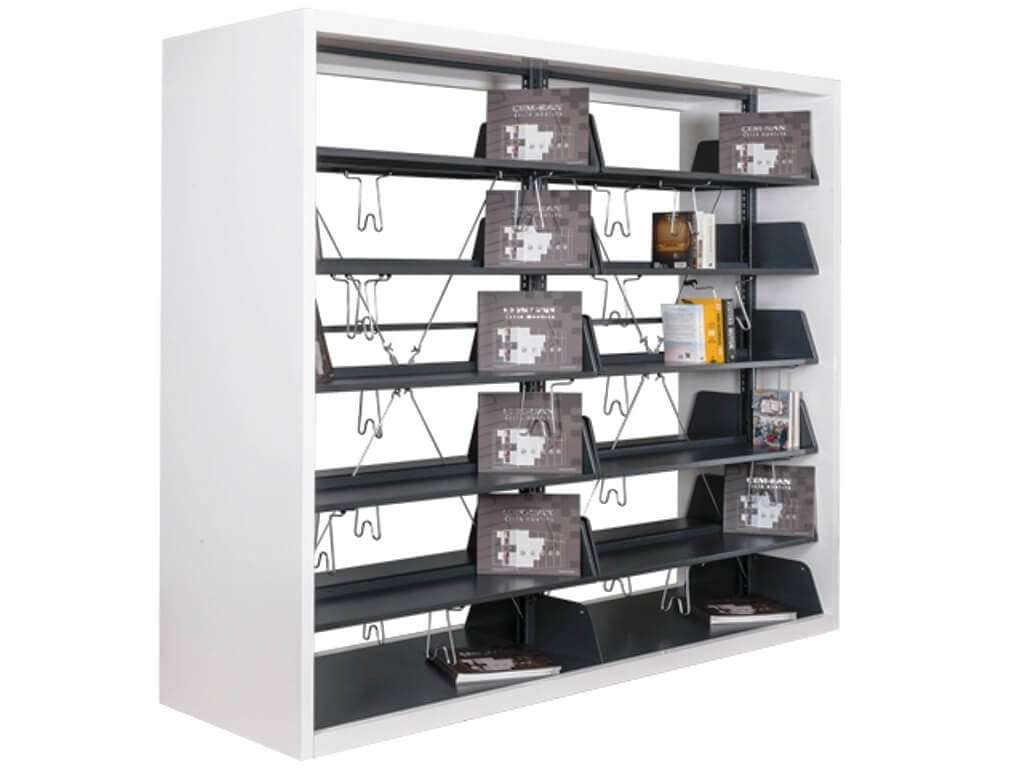 Two-sided double book shelf systems Two-sided double book shelf systems